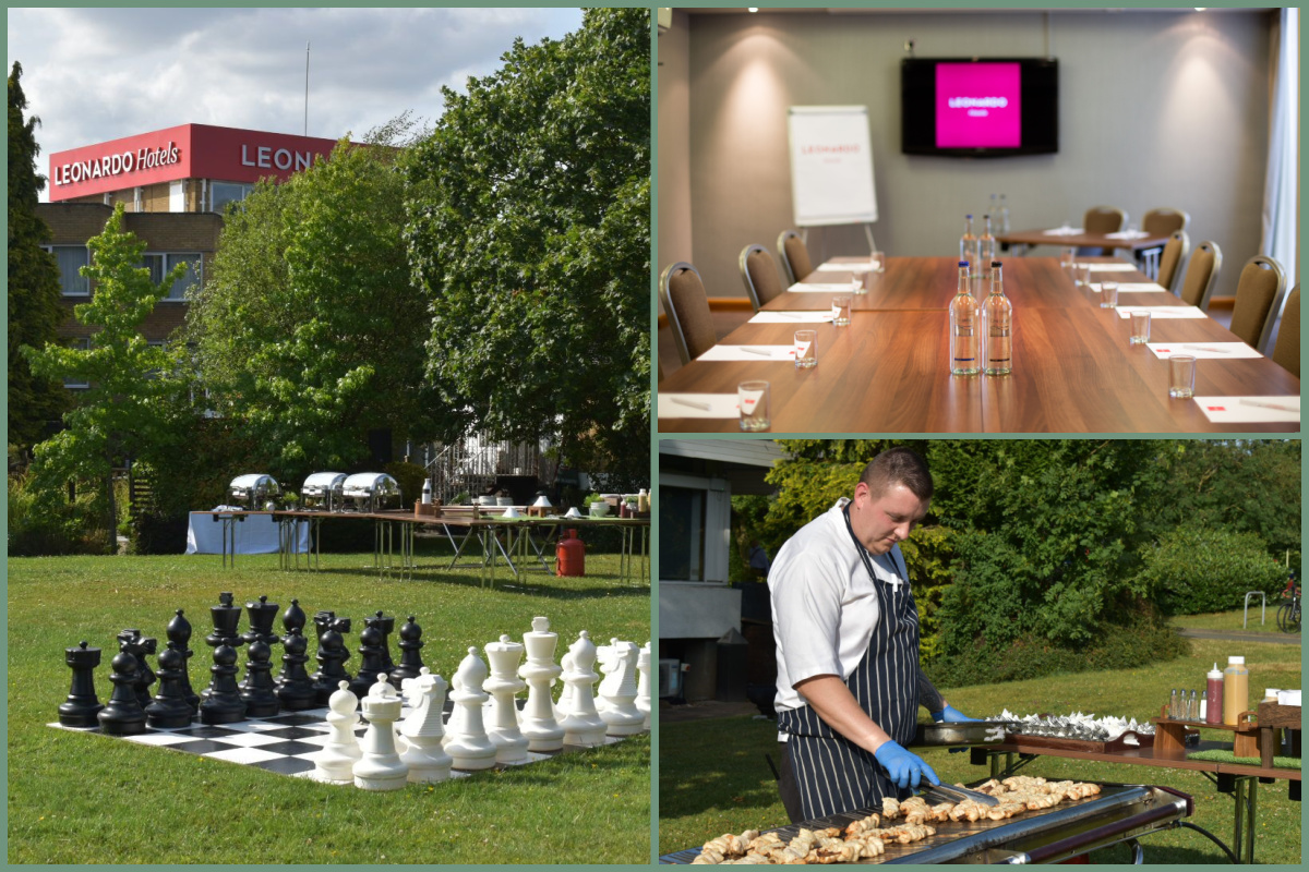 A collage of images of Summer BBQs and outdoor team-building activities and indoor meeting space.